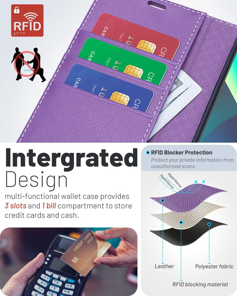 OCASE Compatible with iPhone 13 Wallet Case, PU Leather Flip Folio Case with Card Holders RFID Blocking Kickstand [Shockproof TPU Inner Shell] Phone Cover 6.1 Inch 2021 (Litchi Purple) - Image 3